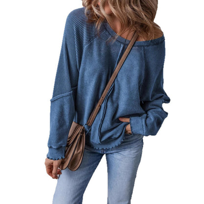 Women's Cotton Waffle Knit Casual Crew Neck Long Sleeve Back Seam Pullover Sweatshirt
