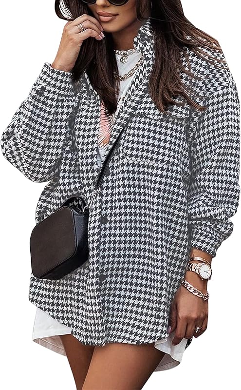 Plaid Jacket Women Casual Houndstooth Jacket Flannel Shacket Loose Long Sleeve Shirt Button Down Shacket with Pockets - Seldom Seen Styles