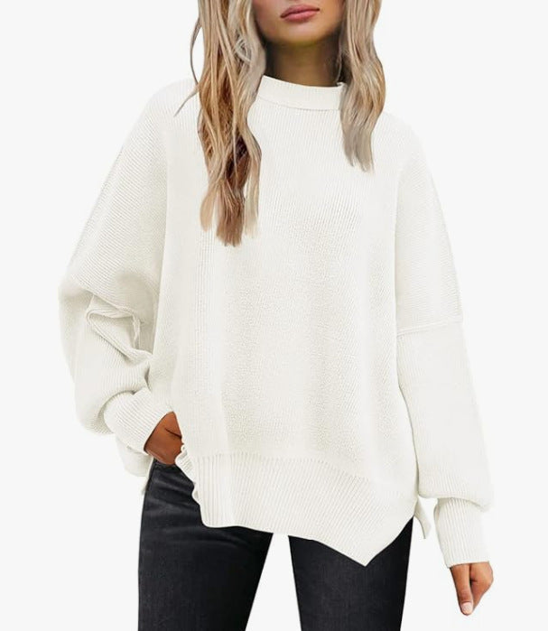 Women's Oversized Batwing Sweaters 2024 Fall Outfits Crewneck Ribbed Knit Side Slit Trendy Pullover Tops