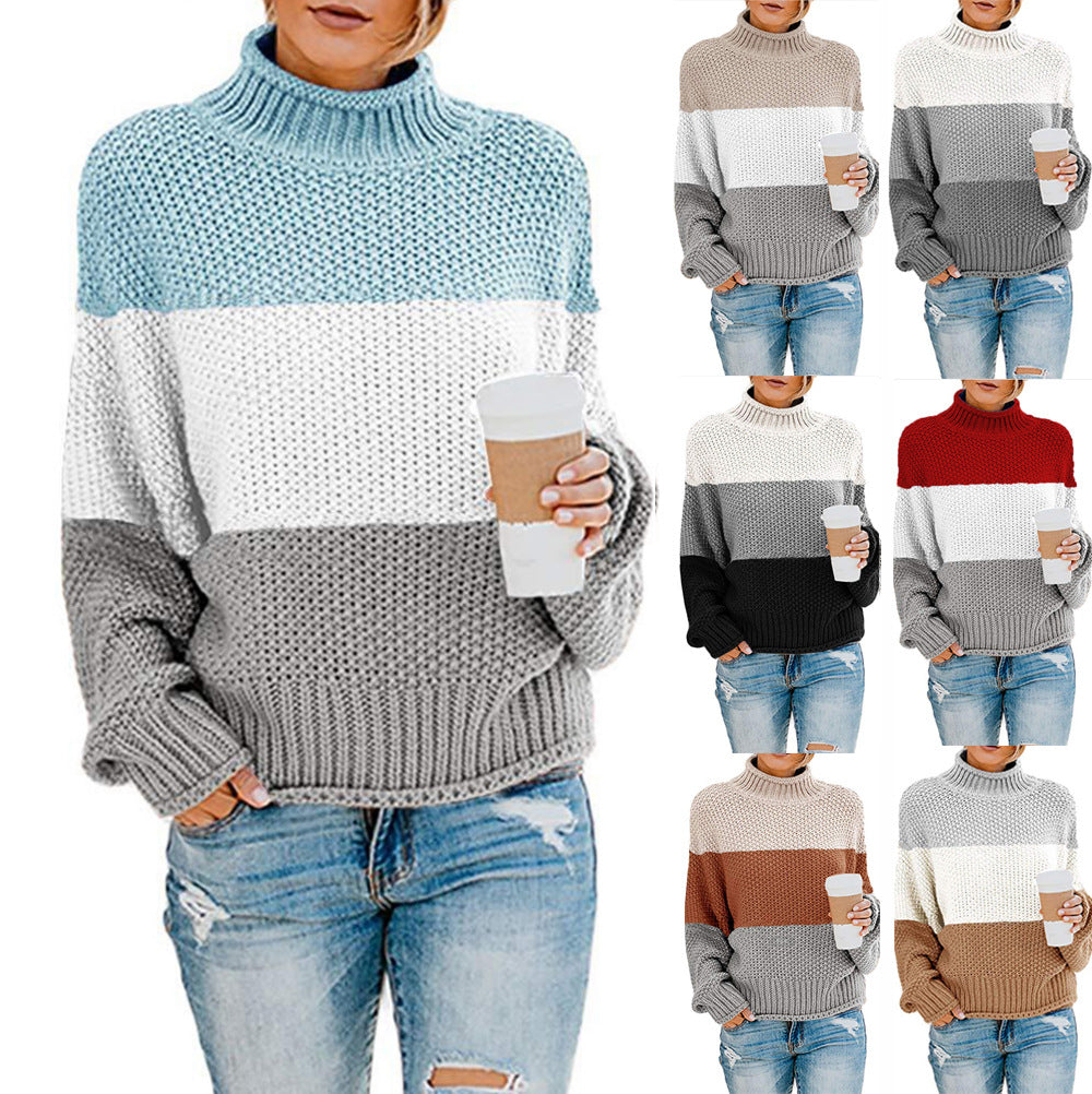 2024Cross-Border wish New Autumn and Winter Sweaters Knitwear Foreign Trade Women's Clothing Amazon Thick Thread Color Matching Turtleneck Pullover