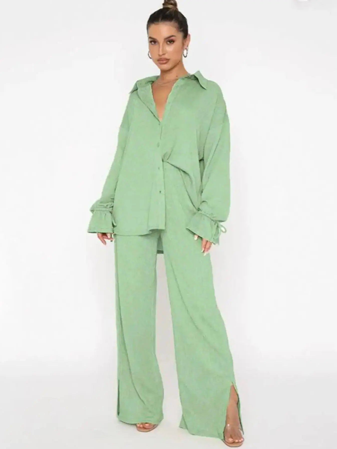 Women's  Plain Button Front Pants 2 Piece Sets, Back To School Outfits, Casual Basic Breathable Comfortable Soft Drawstring Longsleeves Cuff Blouse & Split Wide Leg Pants, Fall Clothing for Women Fall Daily Wear, Two Piece Set Women, Suits - Seldom Seen Styles