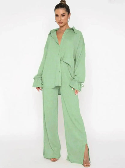 Women's  Plain Button Front Pants 2 Piece Sets, Back To School Outfits, Casual Basic Breathable Comfortable Soft Drawstring Longsleeves Cuff Blouse & Split Wide Leg Pants, Fall Clothing for Women Fall Daily Wear, Two Piece Set Women, Suits