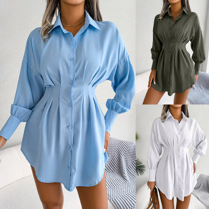 Women's Button Down Shirt Dress, Long Sleeve, Pleated Waist, Multiple Color Options Available