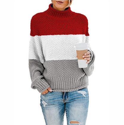 2024Cross-Border wish New Autumn and Winter Sweaters Knitwear Foreign Trade Women's Clothing Amazon Thick Thread Color Matching Turtleneck Pullover