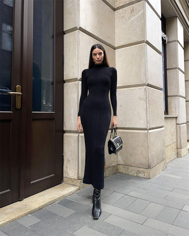 Autumn  Winter Long Sleeve Knitted  New Style Sweater Dress Striped Mid-Length Turtleneck Tight Sexy Dress