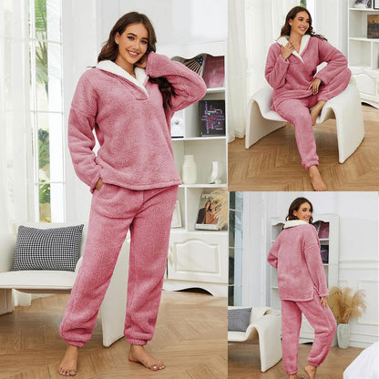 XiaRan Women's Fluzzy Sherpa Fleece Pajamas Warm Pullover Lapel Sleepwear Sets