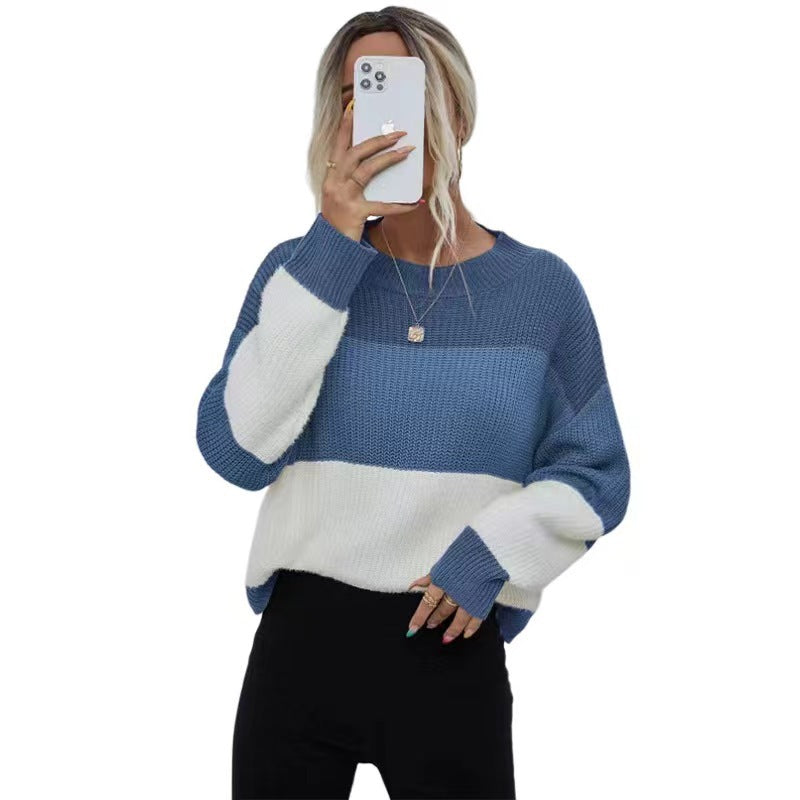 2024Amazon Autumn and Winter Cross-Border Women's Knitted Fashion round Neck Pullover Stripe Contrast Color Sweater Women