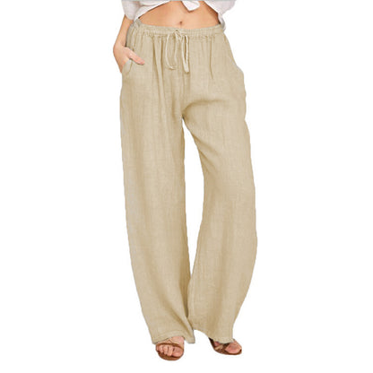 Women's Casual Wide Leg Elastic Waist Loose Lightweight Summer Linen Beach Pants Drawstring