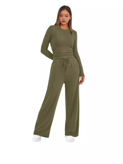 Autumn Solid Color Casual Suit Waist Pleated Long Sleeve Top with Trousers