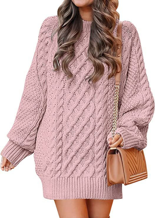 European and American Women's Clothing round Neck Long Sleeve Large Profile Twisted Knitted Thick Needle Pullover Mid-Length Warm Sweater for Women Dress