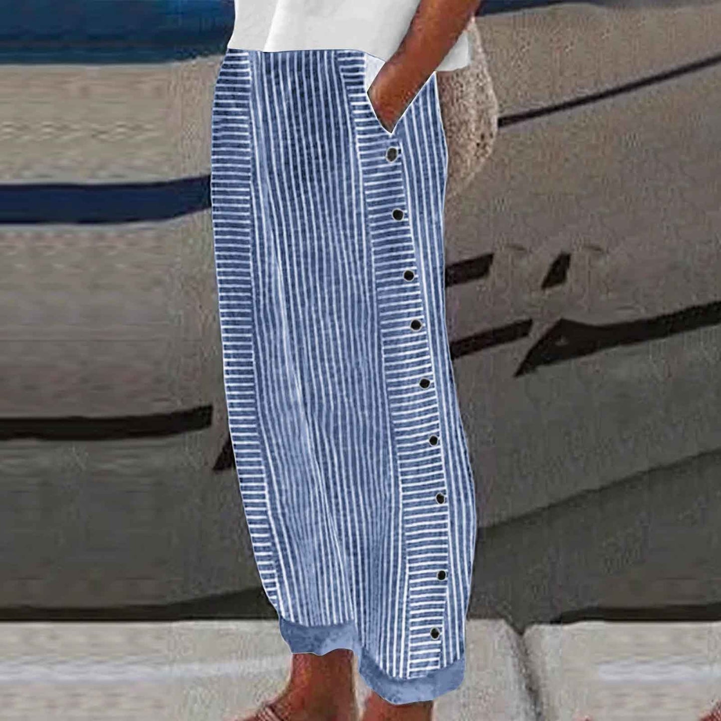 Linen Pants for Women Casual Straight Leg Elastic Waist Pants Stripe Print Beach Summer Pants with Pockets - Seldom Seen Styles