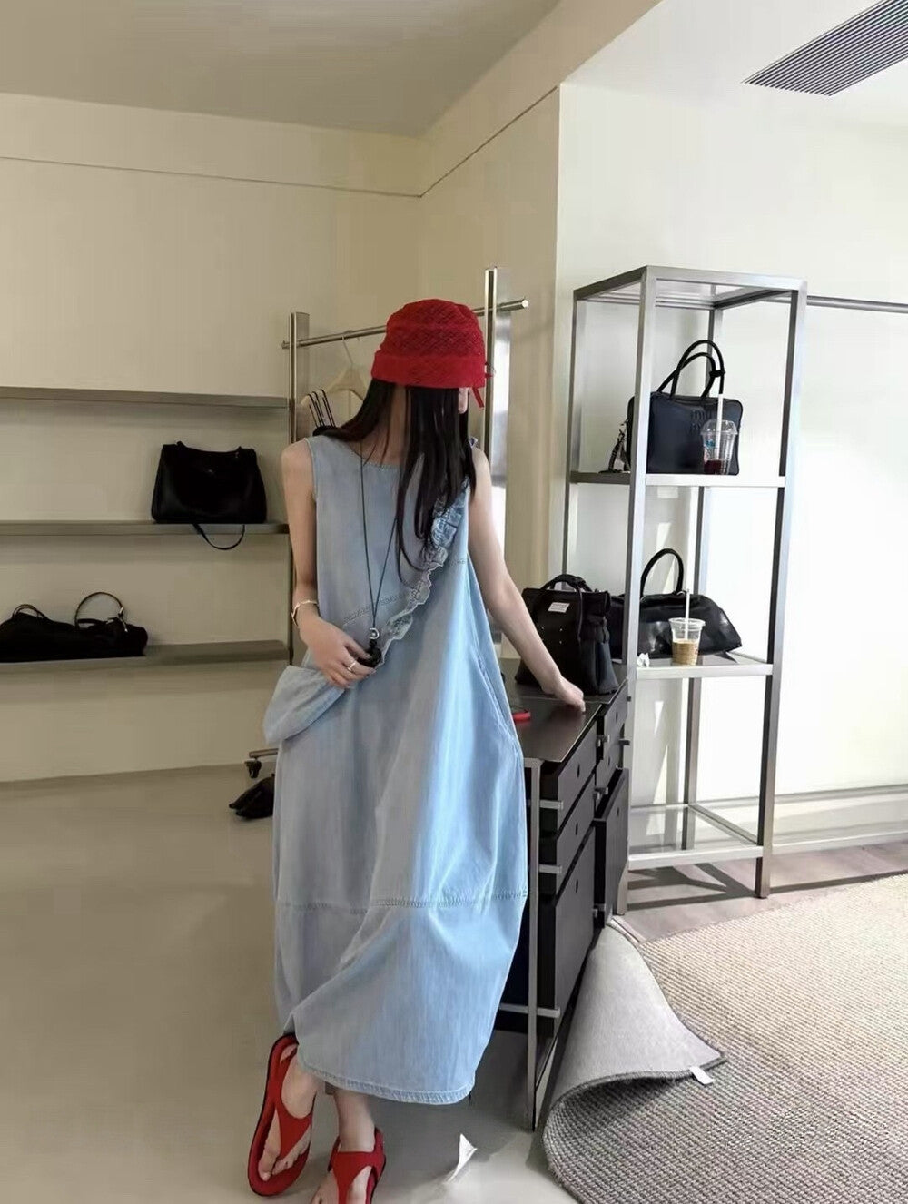 Women's Denim Sleeveless Diagonal Ruffle Trim A-Line Maxi Dress Drawstring Detail Light Blue Dark Navy One Size NNY with Free Bag - Seldom Seen Styles