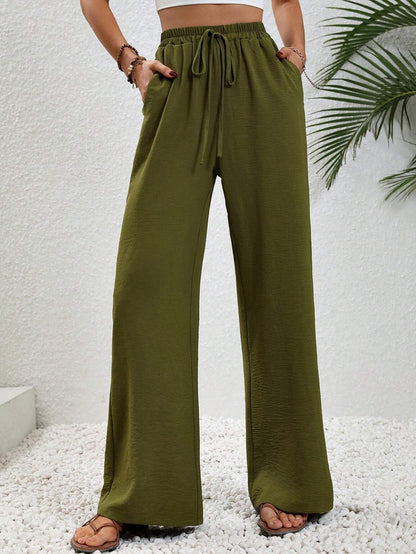 Weite Hose für Damen, Palazzo-Hose mit elastischer Taille und Kordelzug, Lounge-Hose mit Taschen, lockere Hose mit geradem Bein