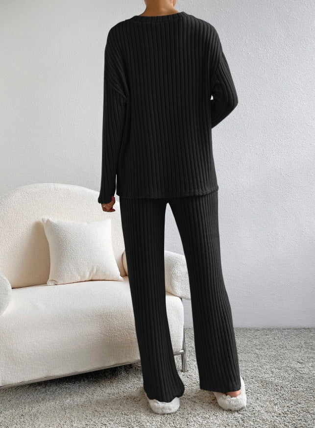 V Collar  Stripe Knitted Suit Two-Piece Set for Women2024Autumn New Fashion Casual Straight-Leg Pants Loose Temperament