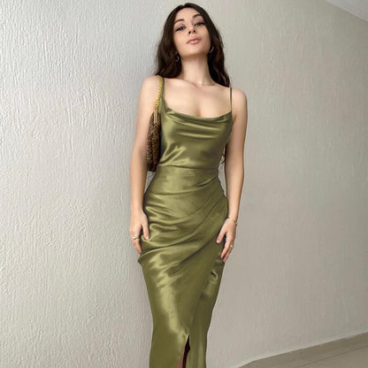 2024European and American Hot Girl Style Sexy Low-Cut Satin Split Sling Dress New Slim Backless Long Dress