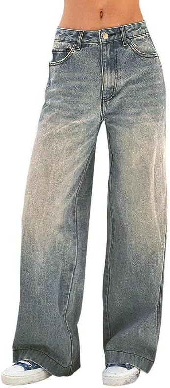 Women's 2025 Wide Leg Jeans Distress Mid Waist Denim Pants Vintage Y2K Trousers - Seldom Seen Styles