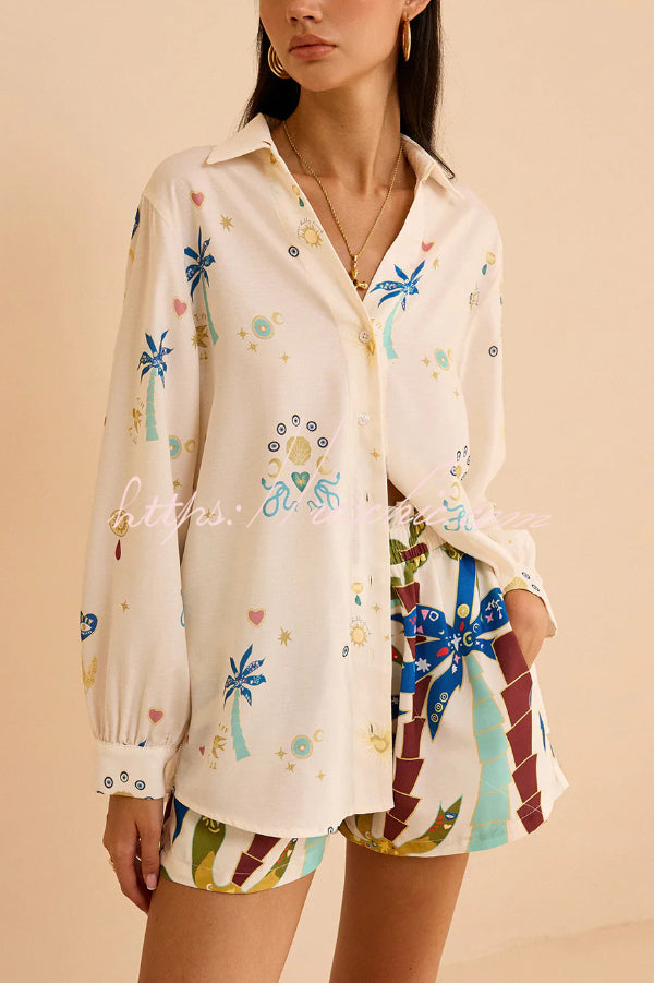 Linen Blend Summer Printed Collared Long-sleeved Shirt and Elastic Waist Pocket Casual Shorts Set - Seldom Seen Styles