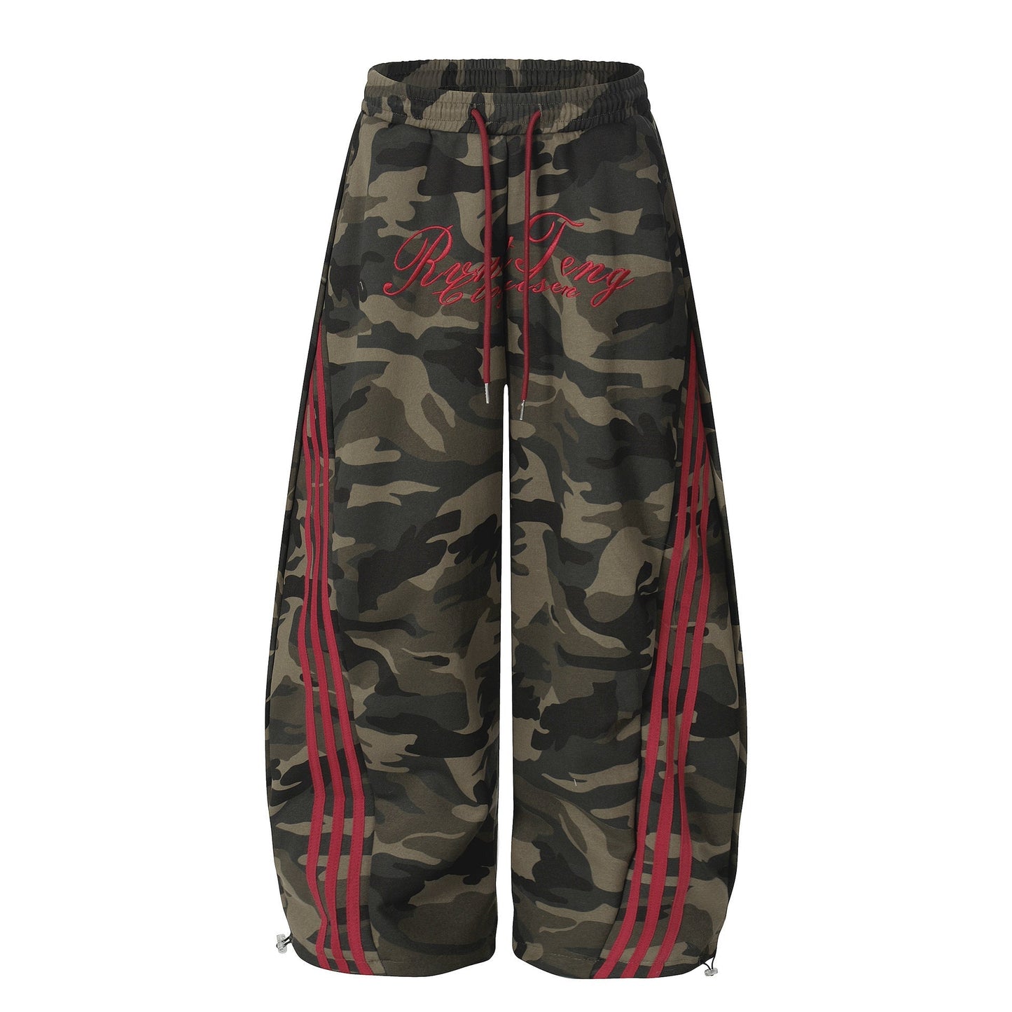 Camouflage Wide-Leg Pants with Red Stripes and Embroidery for Casual Wear 