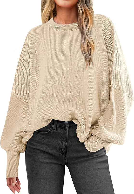 ANRABESS Women Crewneck Batwing Long Sleeve 2024 Fall Oversized Side Slit Ribbed Knit Pullover Sweaters Top Cozy Outfits