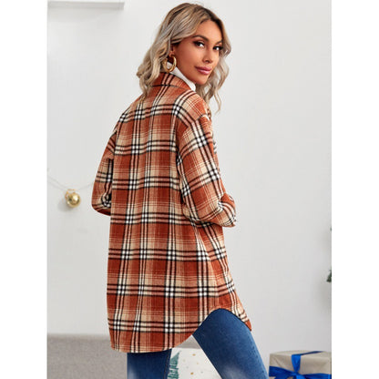 Europe and America Cross Border Women's Clothing2022Autumn and Winter Thickening Lapel Long Sleeve Loose Shirt Jacket Plaid Shirt for Women