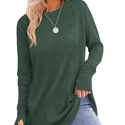 Womens Tunic Tops to Wear with Leggings Long Sleeve Thumb Hole Shirts Crew Neck Curved Hem - Seldom Seen Styles