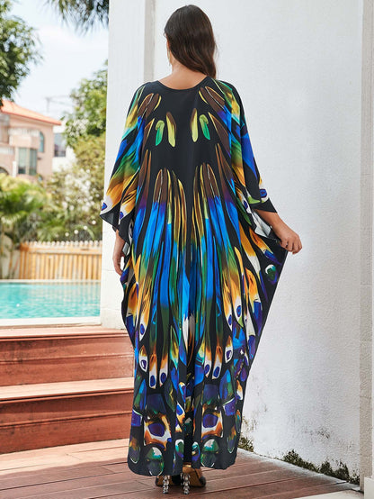 [Plus Size] Butterfly/feather Print Ruched Split Hem Tunic Dress, Valentine's Day Elegant Batwing Sleeve V Neck Long Dress for Summer, Casual Womenswear, Gift, Homecoming Dresses, Women's Clothes for Beach Holiday Vacation, Moo Moo Dresses
