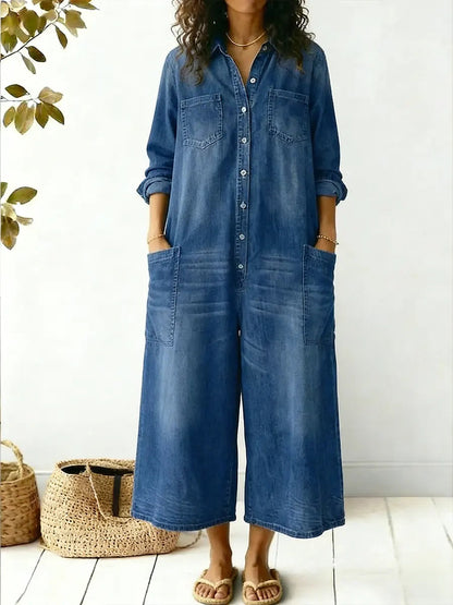 Women's Cotton Casual Jumpsuit Loose Fit Ankle Length Patch Pocket Summer Lounge Outfit