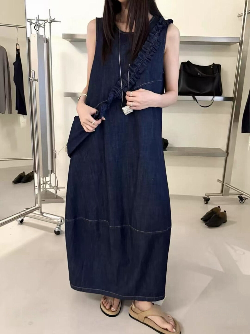 Women's Denim Sleeveless Diagonal Ruffle Trim A-Line Maxi Dress Drawstring Detail Light Blue Dark Navy One Size NNY with Free Bag - Seldom Seen Styles