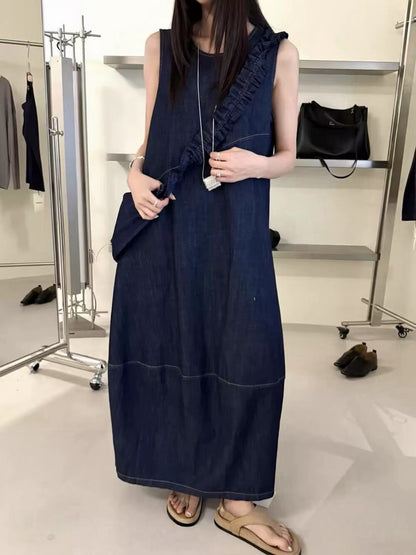Women's Denim Sleeveless Diagonal Ruffle Trim A-Line Maxi Dress Drawstring Detail Light Blue Dark Navy One Size NNY with Free Bag