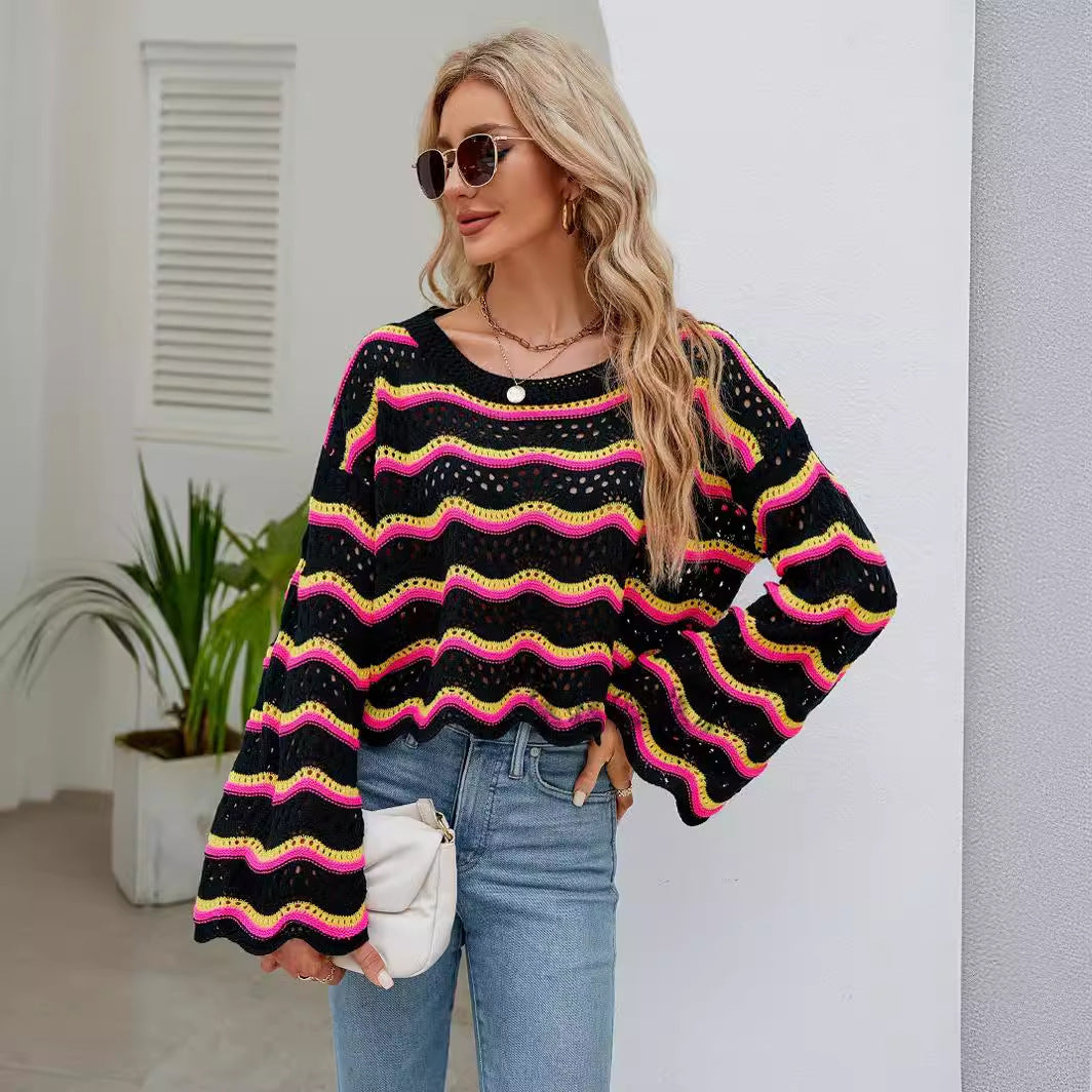 Spring and Autumn Women's Clothing Amazon Cross-Border Foreign Trade Fashion Long Sleeve Blouse round Neck European and American New Knitted Striped Sweater for Women