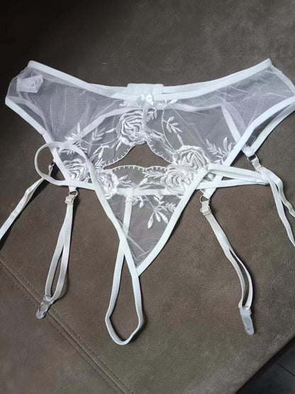 Women Floral Lace Garter Belt and G-String Set Plus Size Mesh Suspender Belt Sexy Embroidered Garter for Stockings