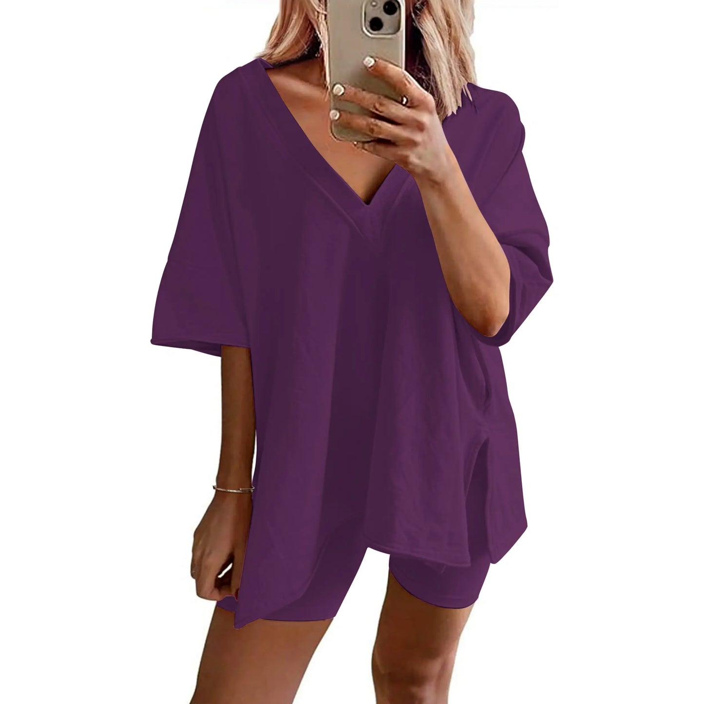 Mother's Day EKOUAER V-neck Two-Piece Pajama Set For Women Summer Casual Oversized Split Hem Shirts & Biker Shorts Minimalist Lounge Wear Soft Homewear Cozy Pjs Clothes Comfy - Seldom Seen Styles