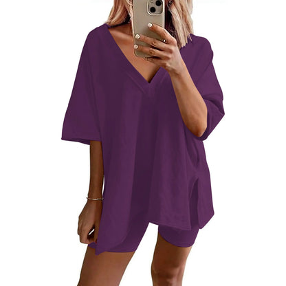 Mother's Day EKOUAER V-neck Two-Piece Pajama Set For Women Summer Casual Oversized Split Hem Shirts & Biker Shorts Minimalist Lounge Wear Soft Homewear Cozy Pjs Clothes Comfy