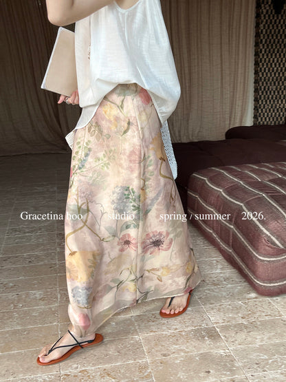 Vintage Oil Painting Floral Print Midi Skirt 100% Polyester Side Zip A-Line Elegant Summer Skirt