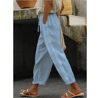 Women's Linen Capri Pants with Drawstring Petite Summer Beachwear Lightweight Elastic Waist Pants
