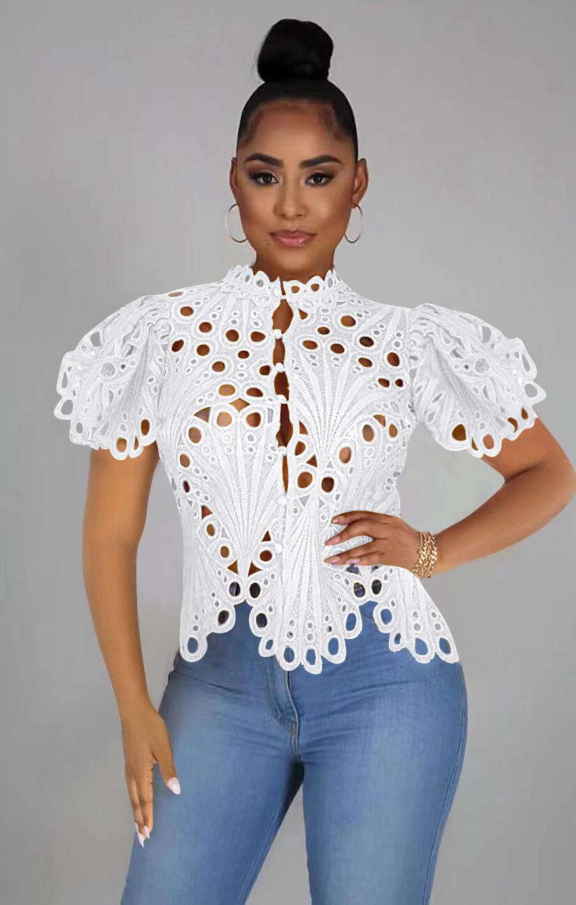 Women’s Sexy Ruffle Long Sleeve Summer Lace Tops 2024 Puff Flare Shirt V Neck Hollow Out Button Down Tunic Blouses