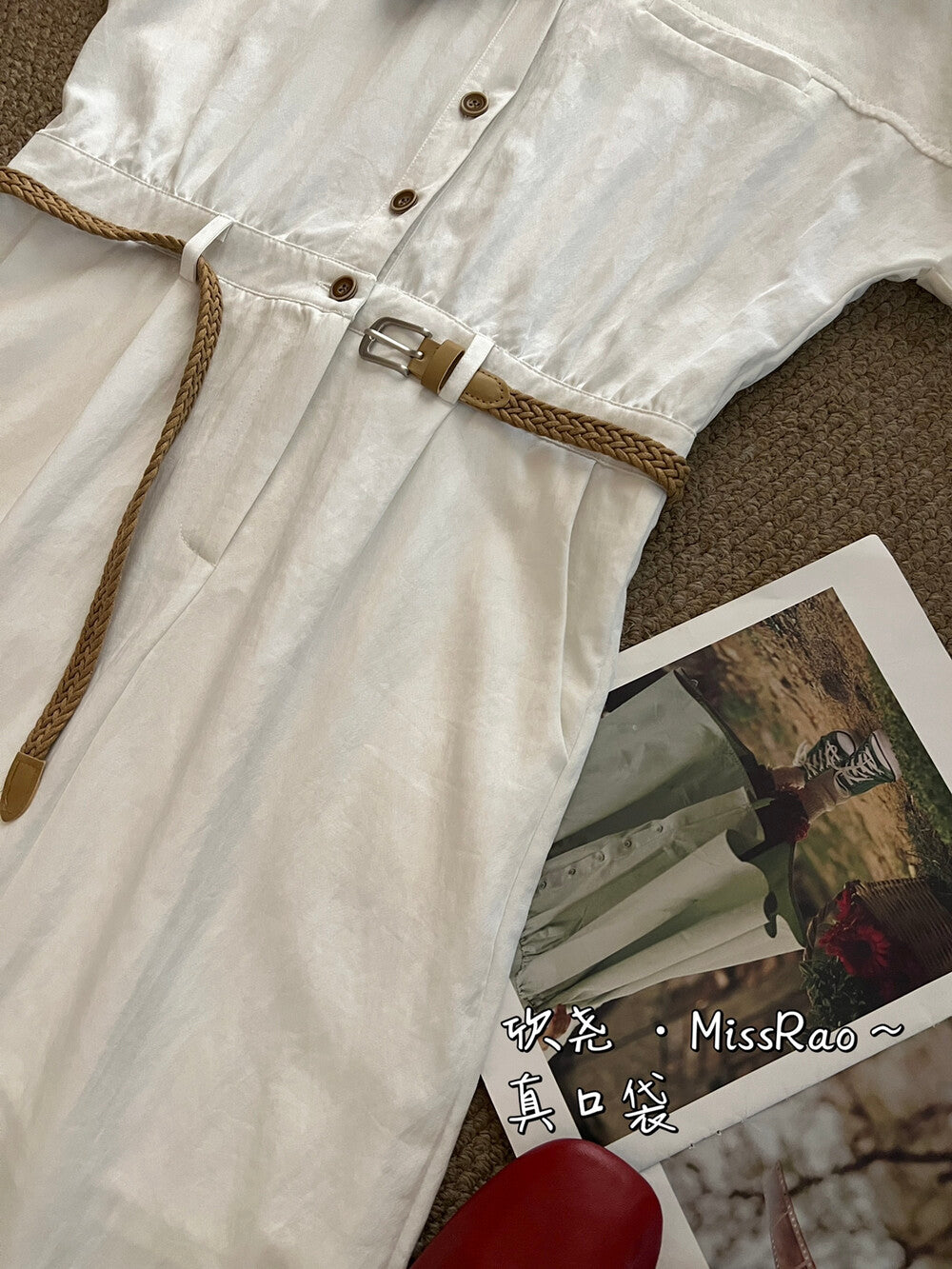French Style Collared Short Sleeve Shirt Dress A-Line Midi Dress with Woven Belt Included White Black Khaki - Seldom Seen Styles