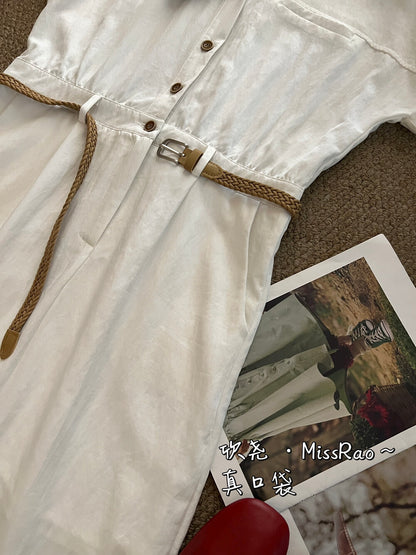 French Style Collared Short Sleeve Shirt Dress A-Line Midi Dress with Woven Belt Included White Black Khaki