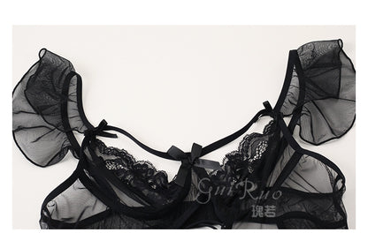 Wunderschöner, sexy Netzstoff, schmal geschnittener Body zum Binden, offener Schritt, Versuchung, reine Lust, erotische Dessous, Uniform-Set