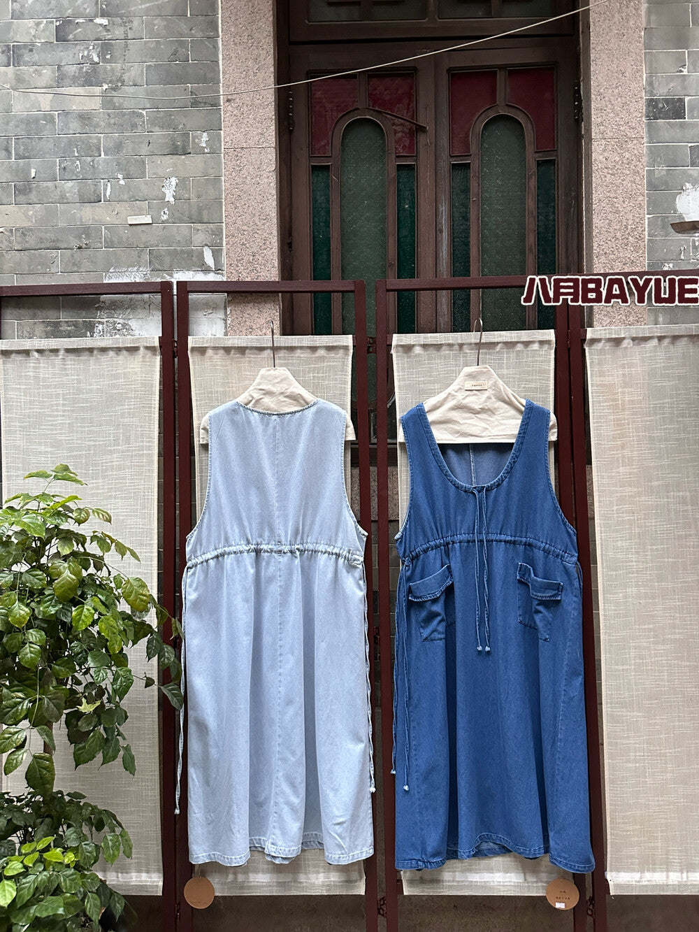 Women's Denim Sleeveless Drawstring Waist Midi Dress with Pockets Light Blue Dark Blue Casual Jean Dress - Seldom Seen Styles
