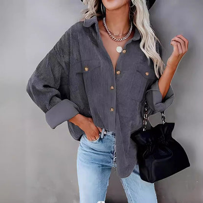 Womens Fashion Cropped Corduroy Shackets Button Down Jackets Tops Fall Trendy Long Sleeve Shirts