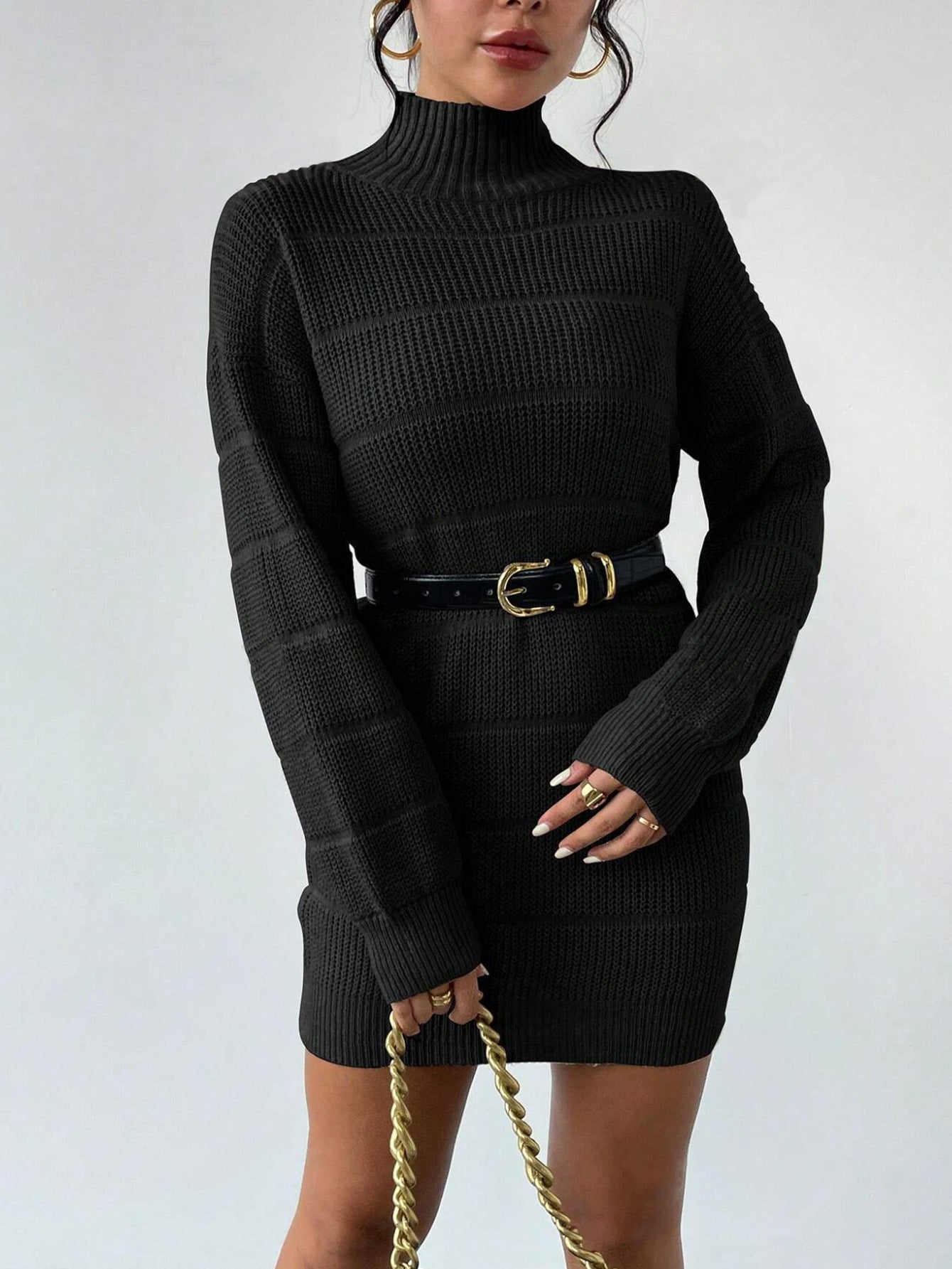 stripe Autumn and Winter Half Turtleneck Knitted Dress Women's Clothing Fashionable Solid Color All-Matching Sexy Hip dress