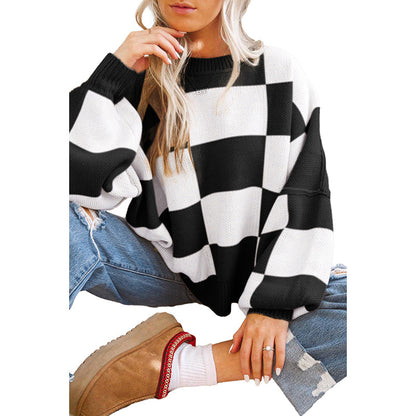 Leisure Style Plaid Printed Long-Sleeved Top Women's Autumn New Warm Pullover Crew Neck Sweater