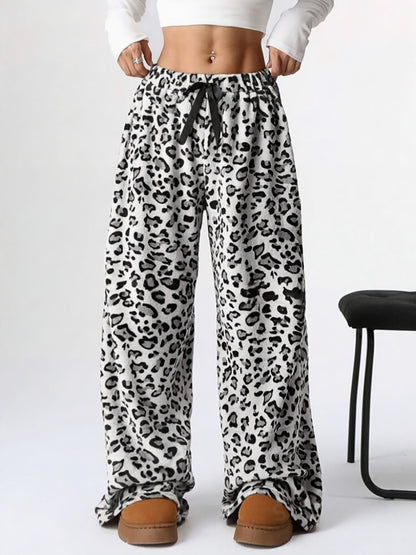 Pantalon de pyjama en peluche pelucheuse pour femme, cordon de serrage, taille élastique, jambe large, pantalon de détente