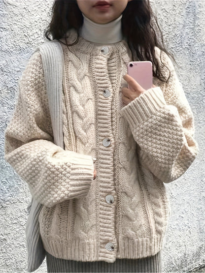 Solid Button Up Cable Knit Cardigan, Casual Long Sleeve Loose Thick Sweater, Women's Clothing