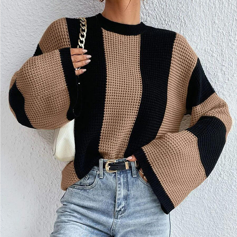 2024Autumn and Winter Cross-Border Foreign Trade Western Style Knitted Sweater Top round Neck Striped Design Niche Sweater Coat for Women