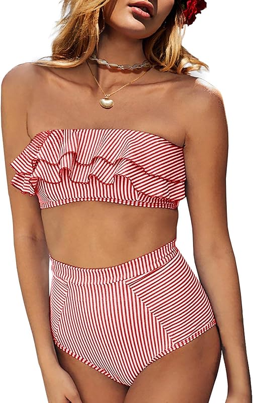 Women High Waisted 2 Piece Bikini Set Bandeau Ruffle Swimsuit Top Striped Bathing Suits - Seldom Seen Styles