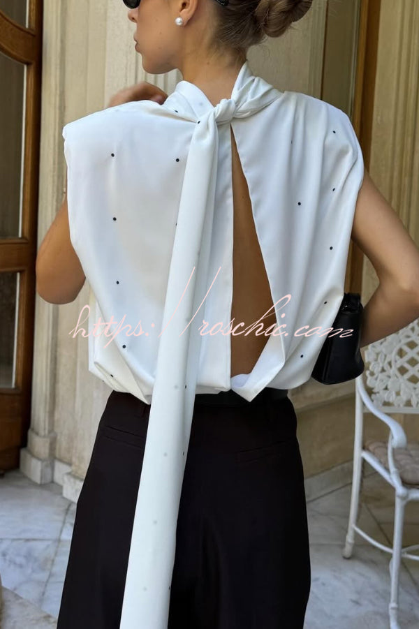 Polka Dot Print Open Backless Stand Collar Sleeveless Ribbon Top - Seldom Seen Styles