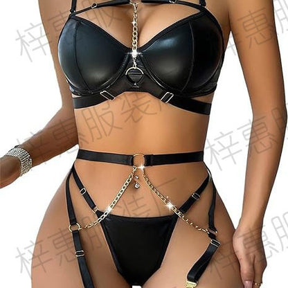 Women's Exotic Lingerie Sets Sexy Strappy Leather Rave Outfits Babydoll Garter with Underwire Push Up Bra and Chains