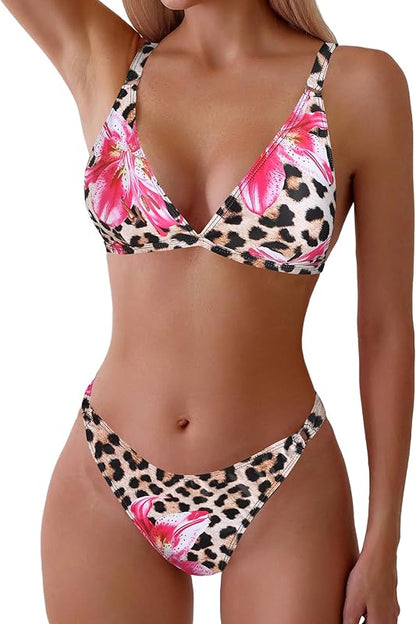 Women's 2 Piece Floral Print Swimsuit Triangle String High Cut Bikini Sets Bathing Suit - Seldom Seen Styles